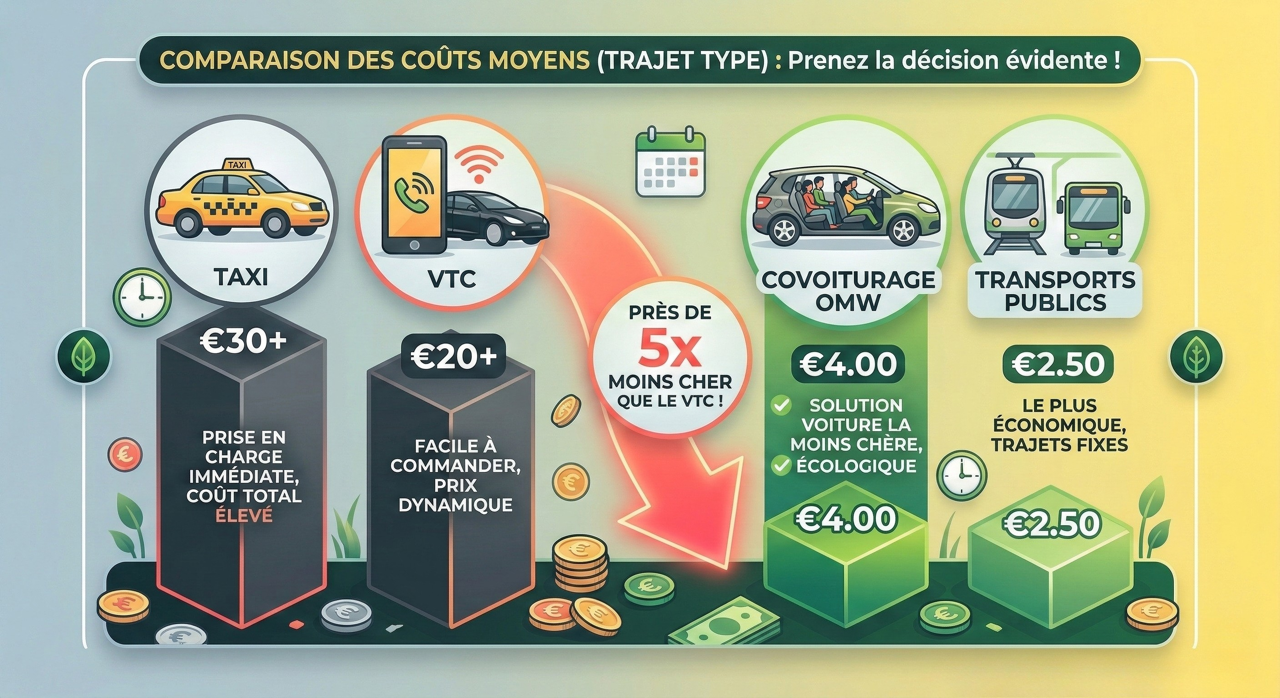 Comparaison des coûts moyens entre taxi, VTC, covoiturage OMW et transports publics